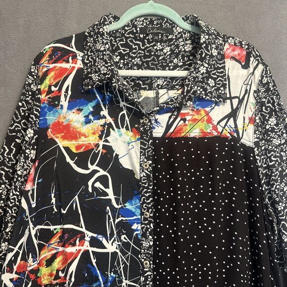 Calessa Button Up Tunic Top Sheer Mixed Print Plus Size 2X Artsy Art to Wear - Picture 6 of 7